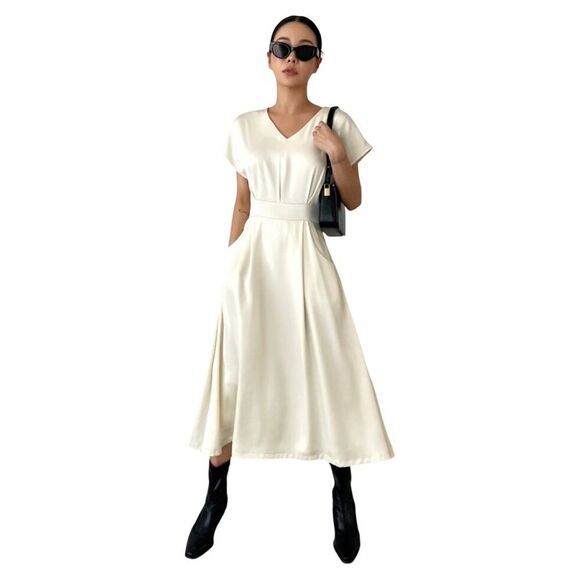 Dazy Cream Satin Dolman Cap Sleeve Pockets Vintage Inspired Midi Dress - Picture 1 of 16